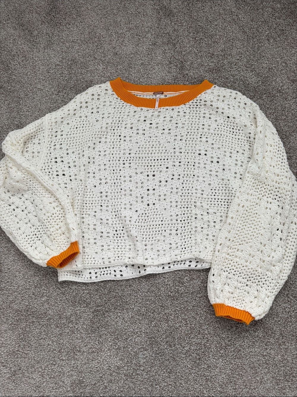 Free People Cream Open-Knit Sweater with Orange Trim
